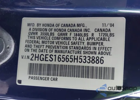 2005 Honda Civic Lx z USA, uszkodzony, nr VIN 2HGES16565H533886